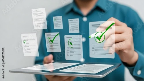 Man holding tablet with floating checklist documents and green check marks in a digital interface