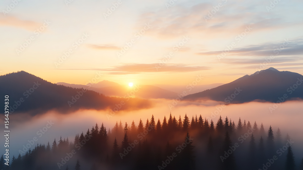 Fototapeta premium A breathtaking sunrise over misty mountains and lush forests, creating a serene and tranquil landscape perfect for nature lovers.