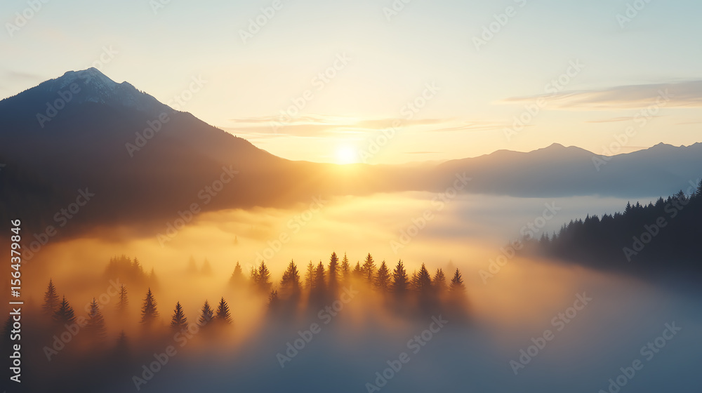 Obraz premium A breathtaking sunset over misty mountains and forests, capturing the tranquil beauty of nature in the early morning light.
