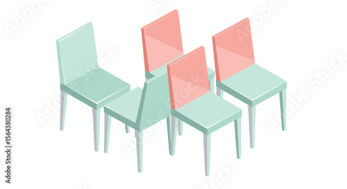 Isometric view of five chairs arranged in a group on a white surface