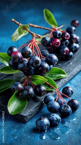 Fresh aronia berries on dark board
