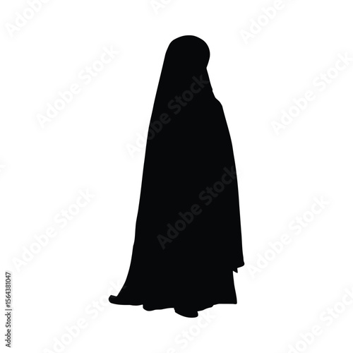 Black silhouette of a woman wearing an abaya style garment against a white background side view