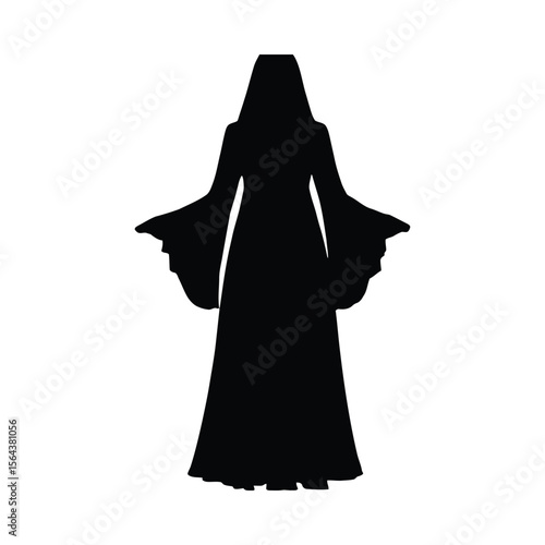 Black silhouette of a hooded abaya dress with flared sleeves and a flowing skirt on white background