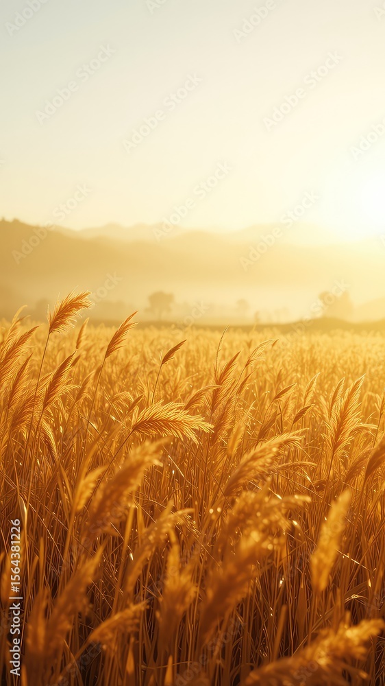 Obraz premium Golden field of waving grass and light on mountains in the distance makes for a peaceful moment