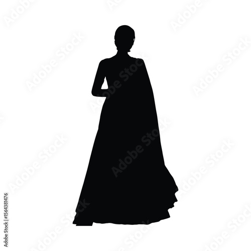 Silhouette of a woman wearing a long flowing dress and shawl against a white background clothing
