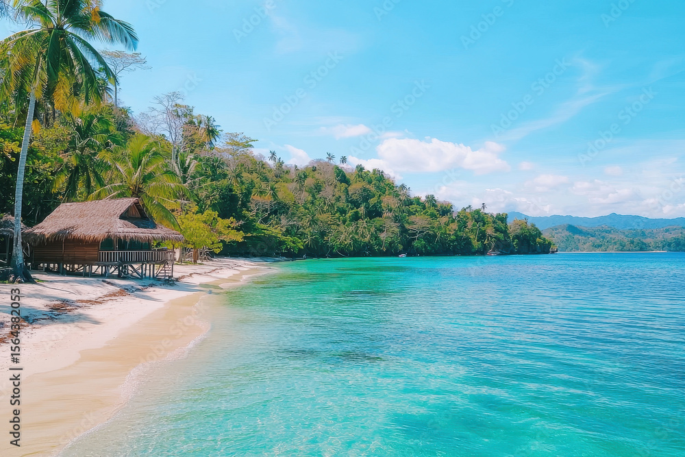 Naklejka premium Serene tropical island featuring beach hut, clear turquoise waters, and lush greenery creates peaceful escape
