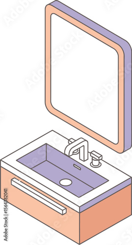 Isometric bathroom sink with mirror in light pastel color palette
