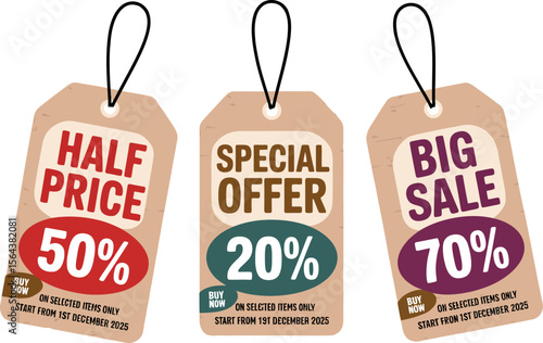 Sale tags with discounts half price special offer and big sale for december promotion and shopping deals editable vector illustration