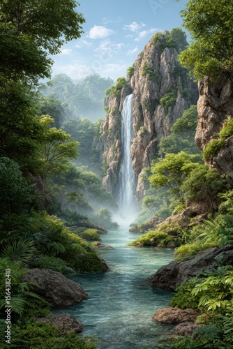 Lush waterfall cascading through a valley