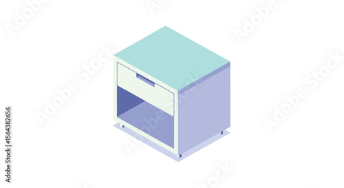 Isometric illustration of a light blue nightstand with a drawer open space