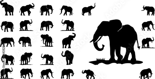 Set of elephant silhouette graphics. Simple vector illustrations of elephants in different positions, suitable for print, web, and conservation-related artwork.