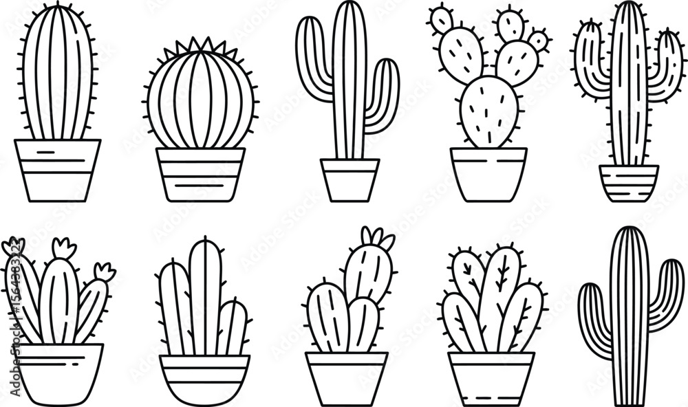 Black and white line art illustrations of various cactus plants in pots Black and white line art illustrations of various cactus plants in pots