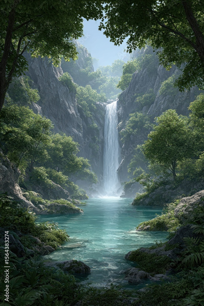 Fototapeta premium Lush waterfall in a secluded valley