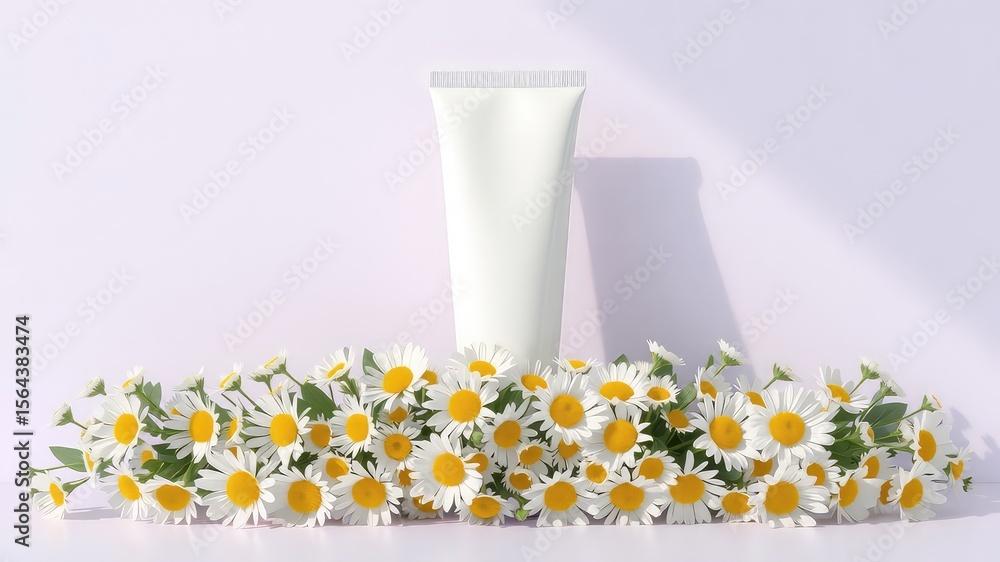 Simple white skincare tube nestled among fresh daisy flowers, conveying purity and natural beauty against a light backdrop Simple white skincare tube nestled among fresh daisy flowers, conveying purity and natural beauty against a light backdrop