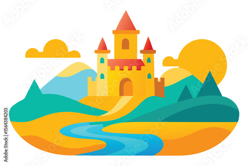 Wallpaper Mural Whimsical Castle Landscape Illustration A Fairytale Kingdom with Mountains, River, and Bright Sunshine Torontodigital.ca