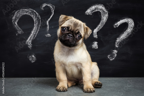 closeup of pug puppy dog sitting in front of blackboard sign with hand drawn chalk question marks.