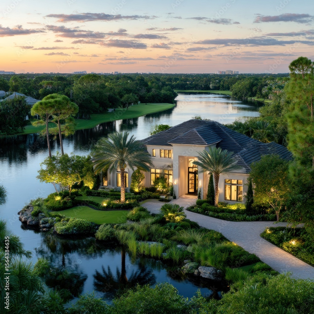 Fototapeta premium Luxurious home on a lake at sunset