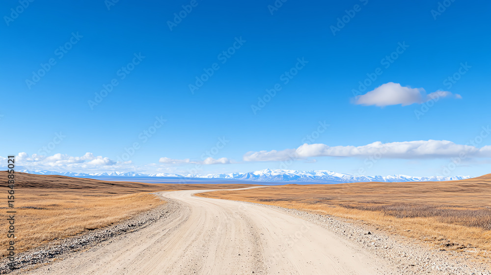 Fototapeta premium A scenic dirt road winds through a vast landscape under a clear blue sky, evoking tranquility and adventure in nature's beauty.