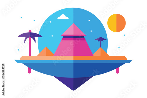 Colorful Floating Island Illustration A whimsical concept art of a pyramid and palm trees under a sunlit sky