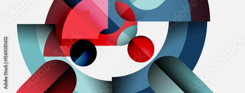 Abstract geometric shapes overlap, creating dynamic composition. Red, blue hues dominate, suggesting depth, movement. Minimalist style.