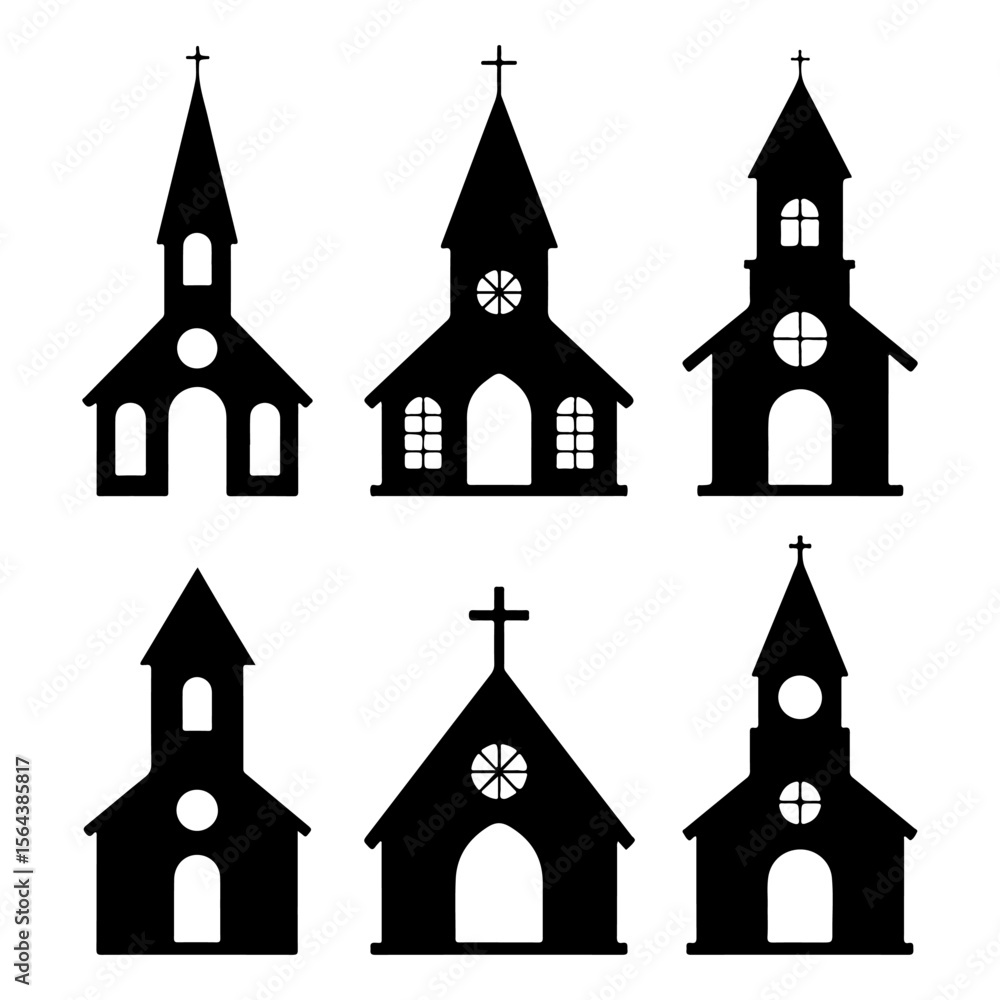 Obraz premium Collection of Church Silhouettes in Black 