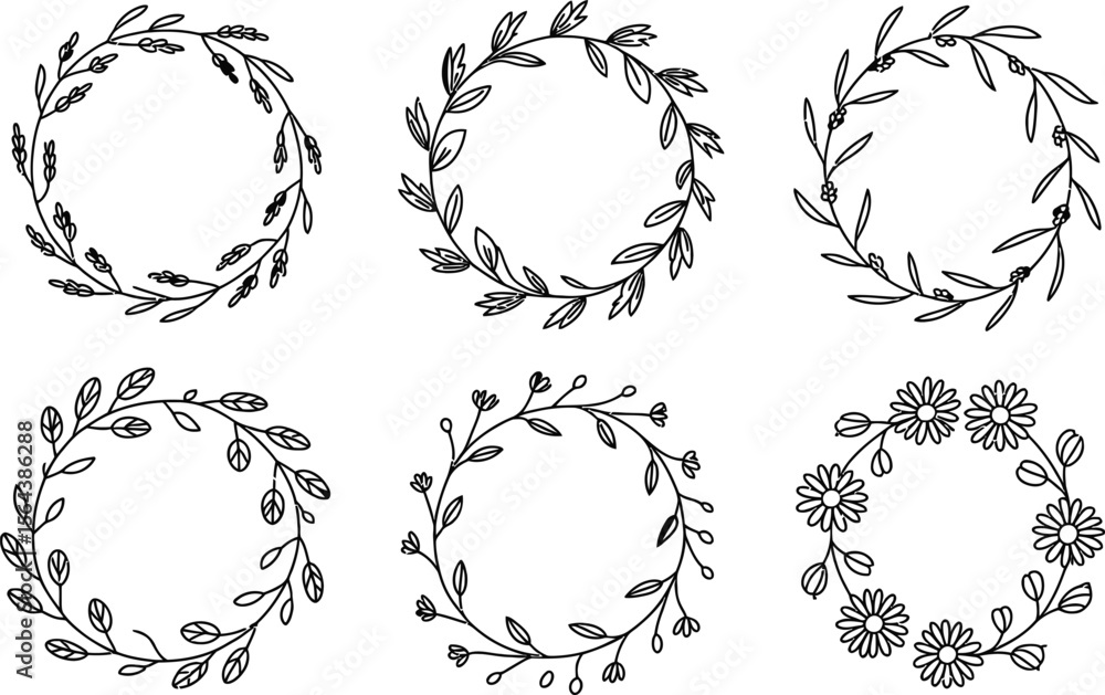 Fototapeta premium Six Black and White Floral Wreath Illustrations on White Background