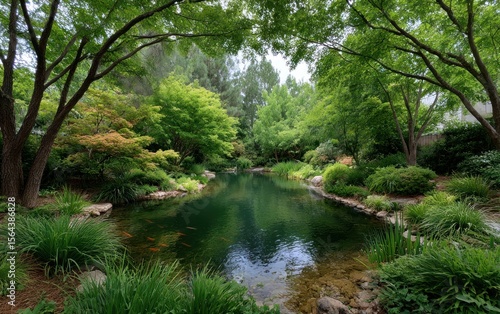 Peaceful pond in a lush garden