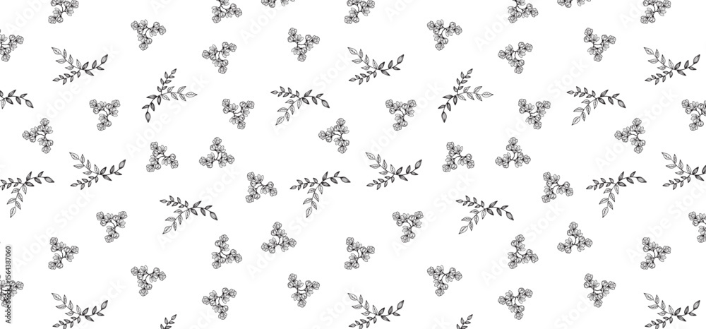 Scatter seamless pattern with beautiful flower and leaf line style in black color on a transparent background Scatter seamless pattern with beautiful flower and leaf line style in black color on a transparent background