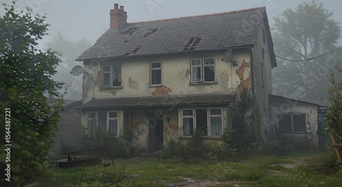 Wallpaper Mural A spooky, derelict house stands abandoned in the dense morning fog. Its dilapidated facade and decaying roof create a mysterious, haunting, and eerie scene. Torontodigital.ca