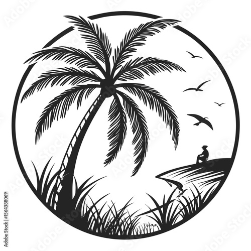 Black and White Tropical Palm Tree Silhouette Seascape