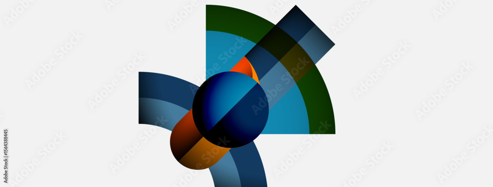 Abstract geometric design. Circular elements intersect with curved segments. Colors include blue, green, orange, black. Minimalist composition. Abstract geometric design. Circular elements intersect with curved segments. Colors include blue, green, orange, black. Minimalist composition.