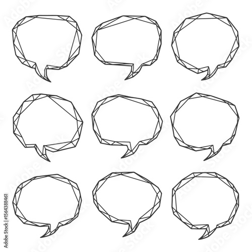 Modern polygonal speech and thought bubble outlines set. Geometric wireframe communication icons for graphic design.