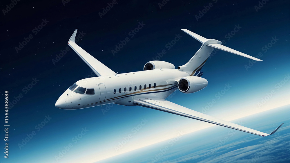Obraz premium A sleek white private jet soars gracefully above the clouds in a deep blue sky. The aircraft represents luxury, speed, and high-end travel, perfect for business or elite personal aviation.