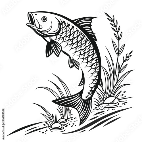 Black and White Vector Leaping Carp Fish Illustration