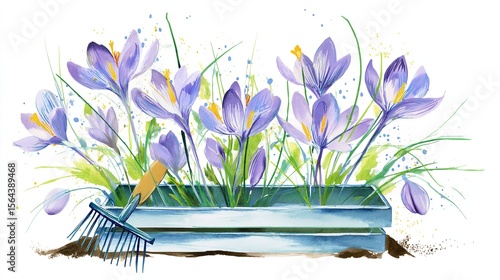 A watercolor painting of vibrant purple crocuses blossoming from a blue planter evoking springtime joy with loose