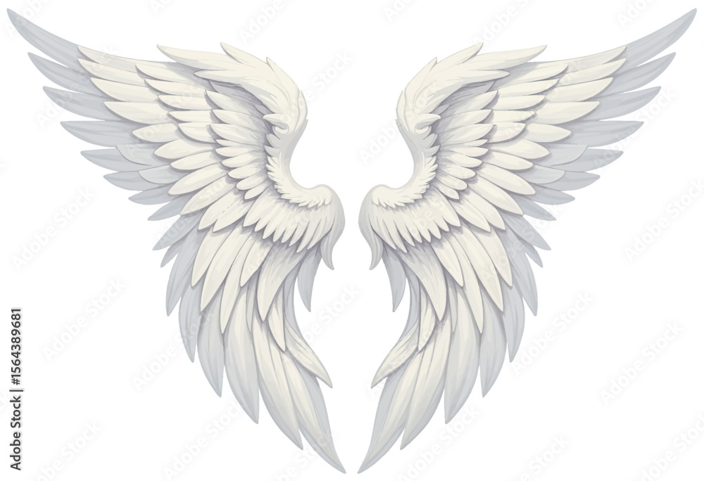 Obraz premium A pair of ethereal and graceful white angel wings with soft, detailed feathers, a beautiful and pure symbol of heaven, spirituality, protection, and freedom. 