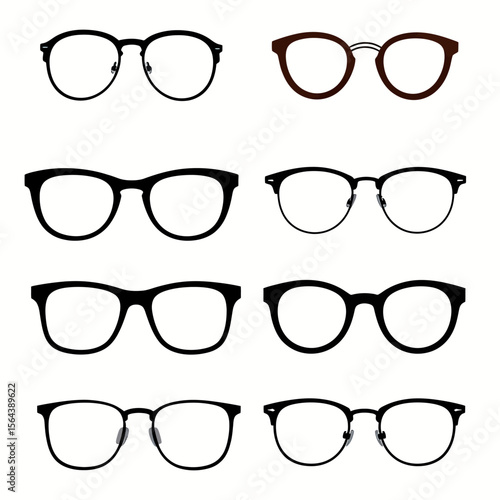 A versatile set of classic and modern eyeglass frames in various styles, a minimalist collection of eyewear silhouettes for opticians, fashion, or virtual try-on.
