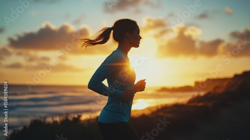 Woman Jogging on Coastal Path at Sunset