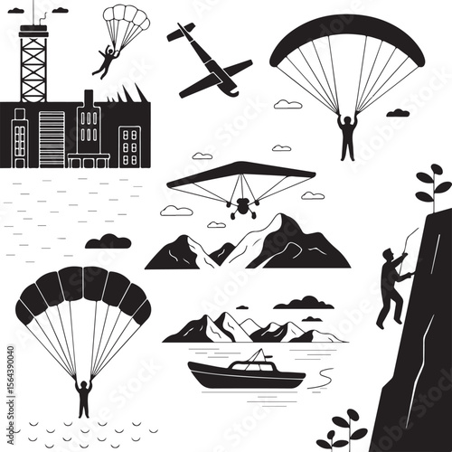 Skydiver in Freefall Silhouette

Parachuting Adventure Vector Design

Extreme Skydiving Action Illustration

High Altitude Parachute Jump Silhouette

Adrenaline Rush Skydiver Art