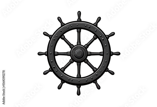 Detailed illustration of a black metal ship's wheel or helm, a powerful symbol of navigation, maritime leadership, control, and nautical adventure.
