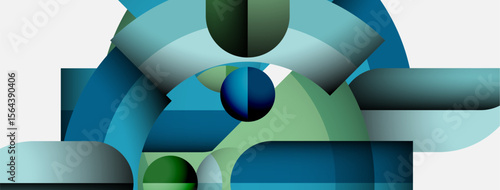 Abstract composition. Overlapping shapes create dynamic visual experience. Cool tones dominate, hinting depth, complexity.