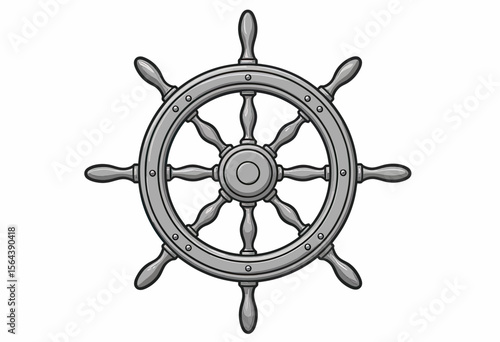 Detailed illustration of a metallic ship's wheel or helm, a powerful symbol of navigation, leadership, control, and maritime adventure for nautical-themed designs.
