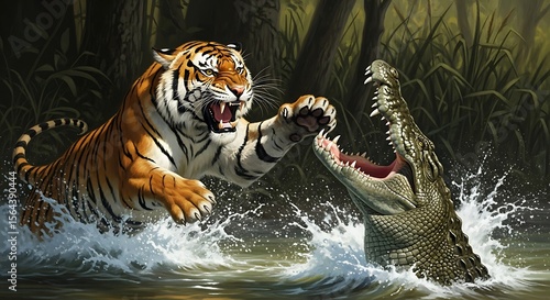 A ferocious tiger lunges at a crocodile in a river, showcasing a dramatic wildlife encounter in a jungle setting.