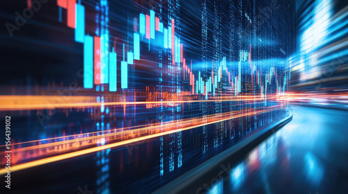 Dynamic financial data visualization with vibrant stock market trends and glowing lines representing energy and finance