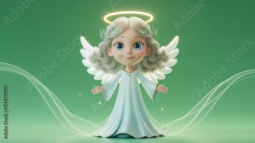 Charming Cartoon Angel with White Wings and Golden Halo Isolated by Green Screen in 3D Render