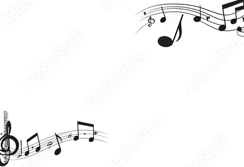 Elegant music-themed background with flowing musical notes and staves in the corners, a perfect frame design with copy space for invitations, posters, or flyers.
