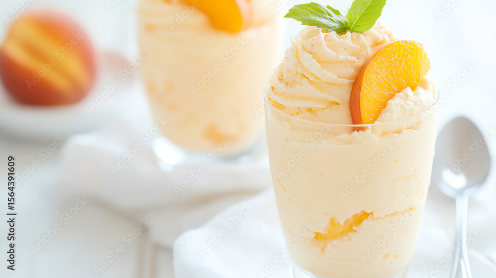 Fototapeta premium Delicious and creamy peach mousse topped with fresh peach slices and mint leaves, perfect for dessert lovers and summer gatherings.