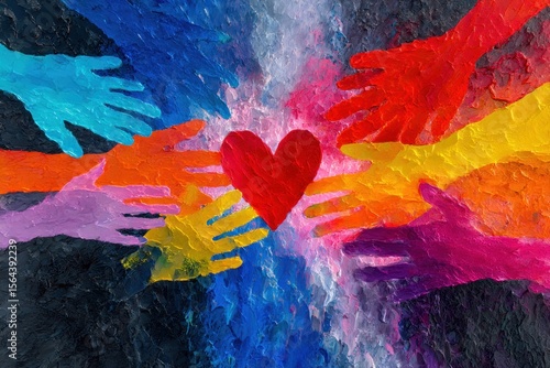Hands reaching for a heart, vibrant colors
