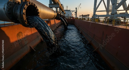 Wallpaper Mural Close-up view of crude oil being pumped through large industrial discharge pipes into the cargo hold of a tanker ship during an offshore transfer at sunrise. Torontodigital.ca