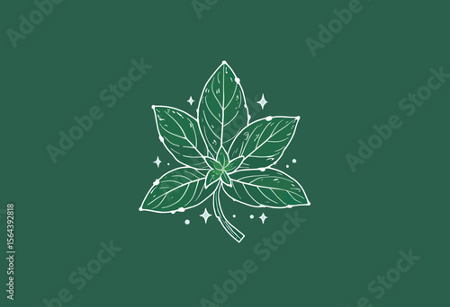 Whimsical line drawing of a magical sparkling herb cluster, symbolizing natural remedies, fantasy botany, enchanted gardens, and eco-friendly concepts.
